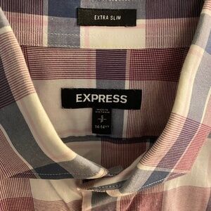 Express Men’s L/S Button Down, Size S, Reddish Pink/Navy/White